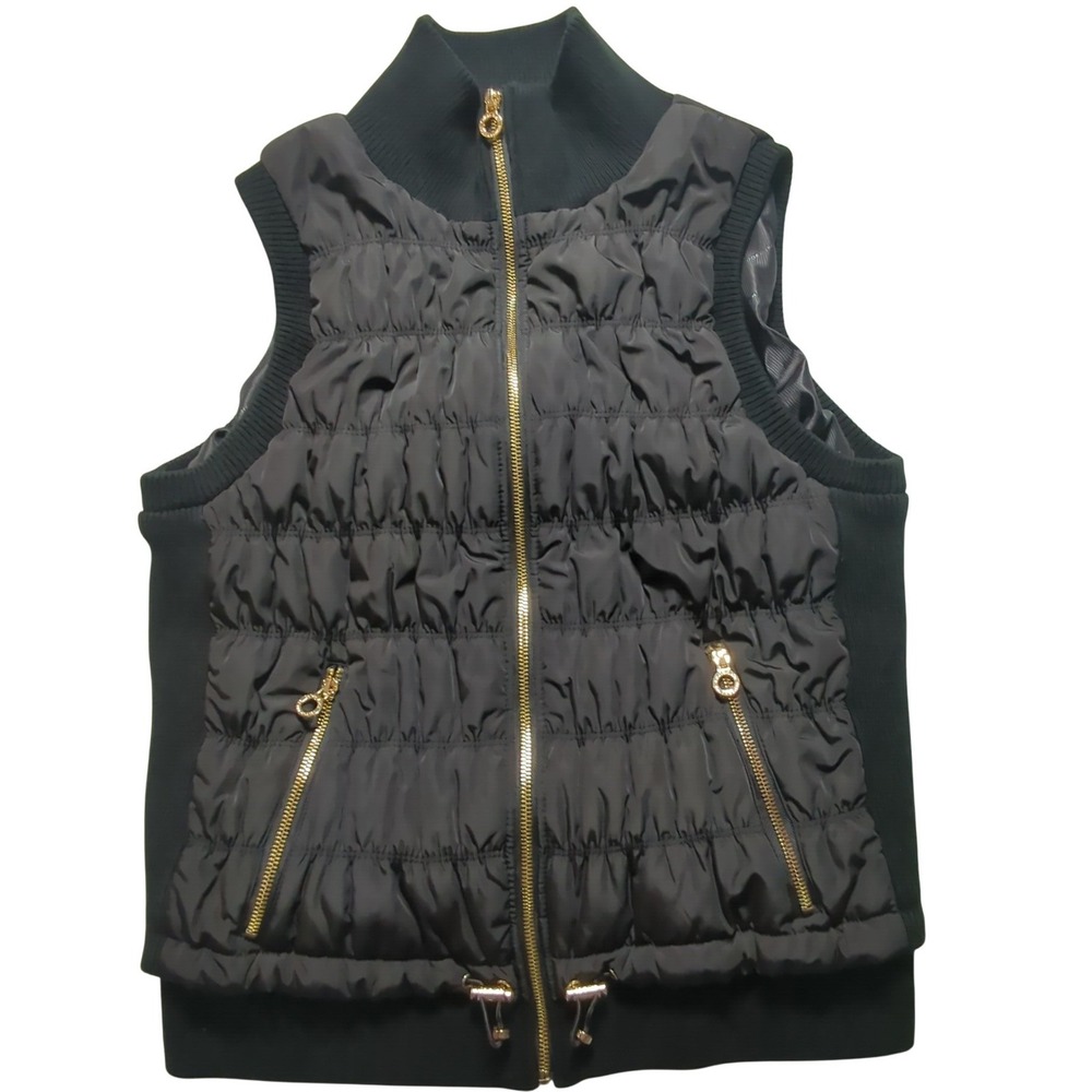 Calvin Klein Performance Women Zip Puffer Vest Black Ruched Gold Trim Large EUC